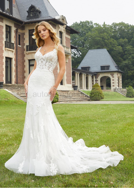 Wide Straps Ivory Lace Tulle Deep V Back Wedding Dress
